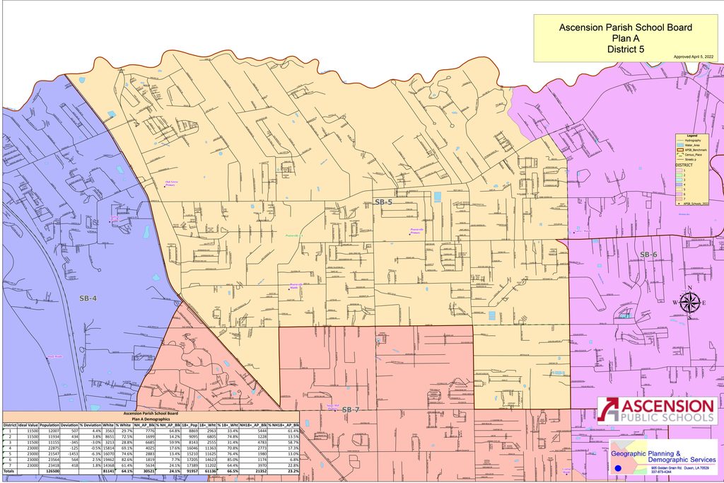 District 5 of the Parish of Ascension shall be defined by the following precincts, whole or in part:

Precinct 2

Precinct 3

Precinct 5: That part commencing at the Point of Beginning at the intersection with the centerlines of Joe Sevario Rd. and Moody Dixon Rd., thence proceeding northerly on Joe Sevario Rd. to the intersection with the centerline of Hwy. 42, thence southwesterly to the intersection with the centerline of Hwy. 44, thence southerly to the intersection with the centerline of LA Hwy. 933, thence easterly to the intersection with the centerline of Joe Sevario Rd., thence northerly to the intersection with the centerline of Moody Dixon Rd. and the Point of Beginning.

Precinct 8 A

Precinct 8 B

Precinct 9

Precinct 10

Precinct 12

Precinct 19

Precinct 61

Precinct 68